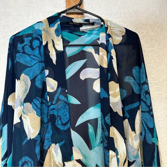Zara Navy Blue & Blue Floral Print Fringe Cardigan Kimono Size L - Picture 2 of 9